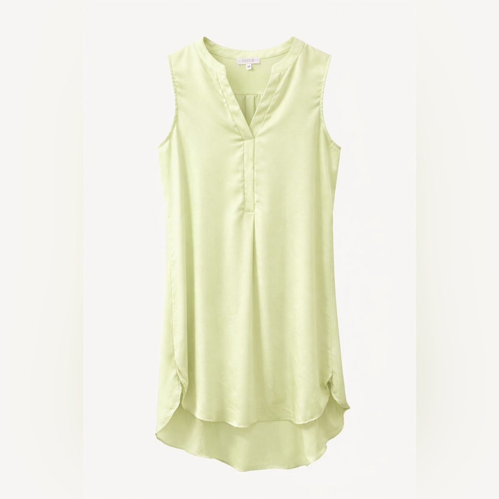 Sedge Sleeveless V-Neck Silky High Low Tunic Blouse Medium Light Citrus Green